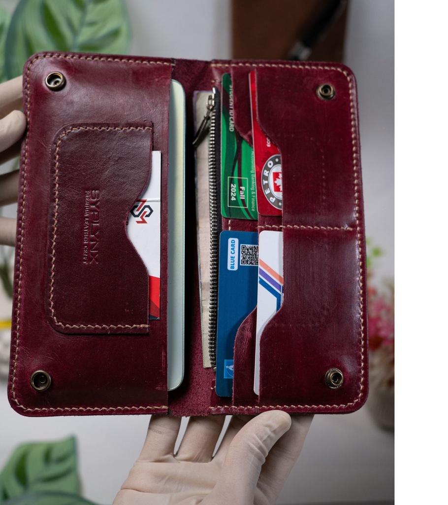 [SL-25-72B-BUR-GLD] S5B – Handmade Full-Grain Leather Long Bifold Travel Organizer with Button Closure
