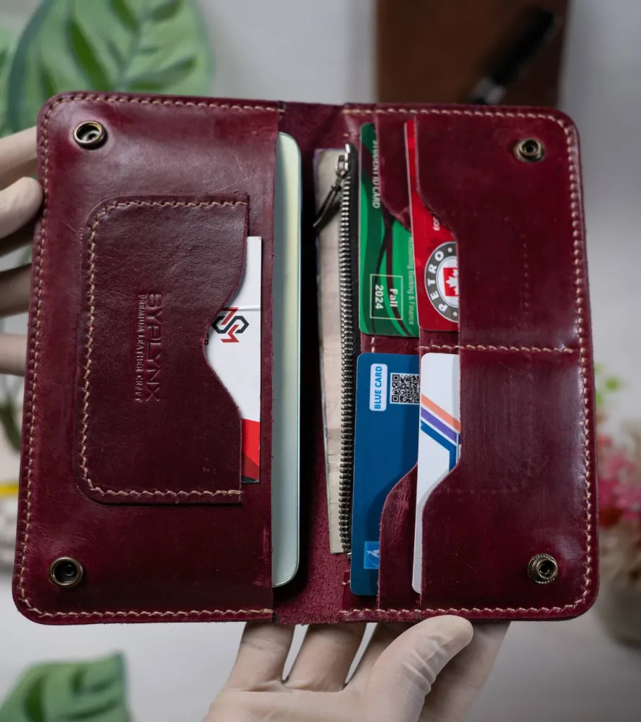[SL-25-72B-BUR-GLD] S5B-Handmade Bifold Full Grain Long Leather Wallet with button/Travel Organizer