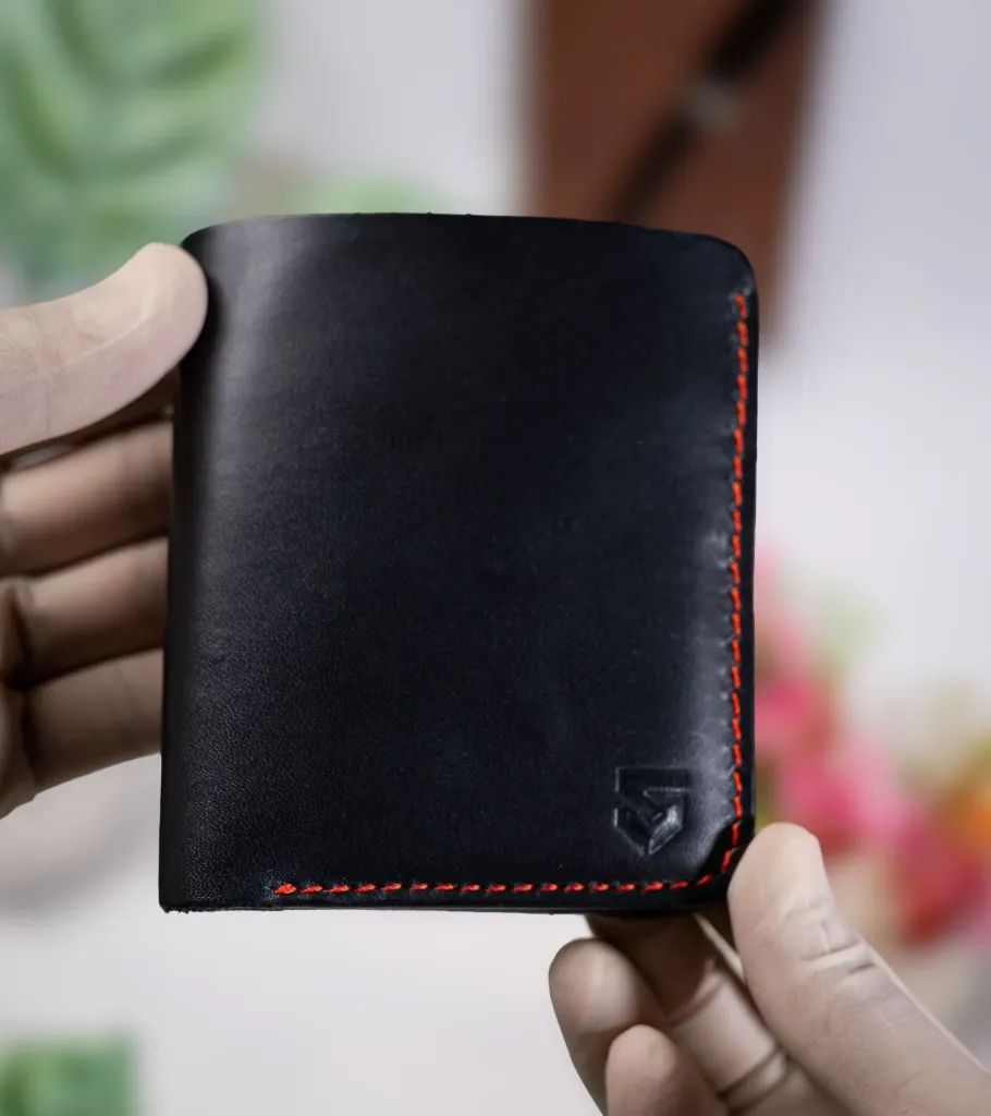 [SL-25-86VEG-BLKRED-RED] S6-Handmade Vertical Bifold Full Grain Vegetable Tanned Leather Wallet