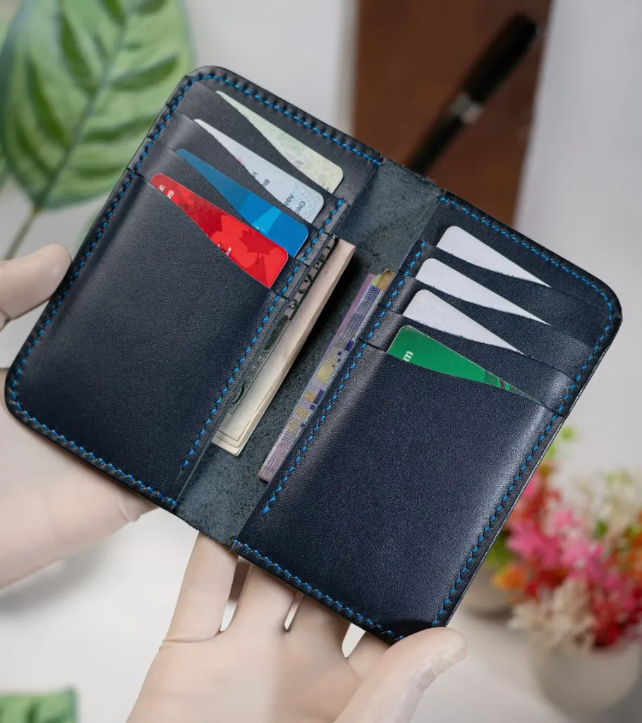 [SL-25-102VEG-BLU-BLU] S4-Handmade Bifold Mini Long Full Grain Vegetable Tanned Leather Wallet